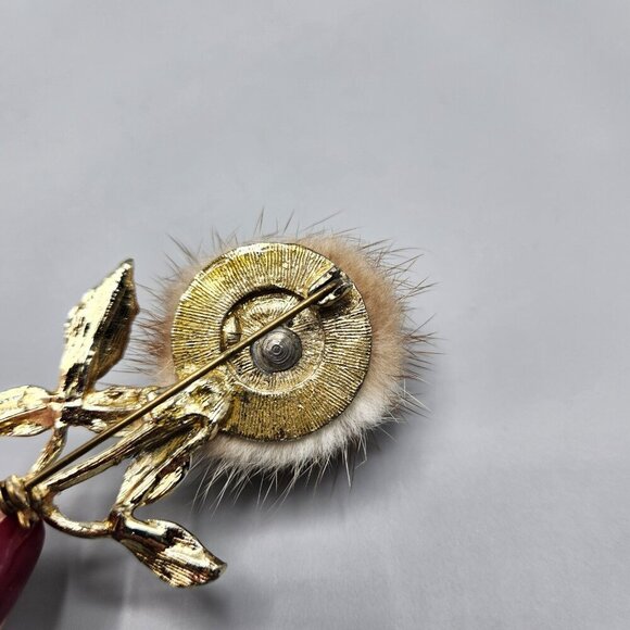 Rose Brooch Mink Fur Gold Tone Flower Long Stem Clear Rose Pin Unmarked Vtg - Picture 9 of 13